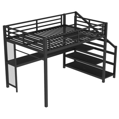 Queen Loft Bed with Desk and Storage Stairs, Metal Loft Beds with LED Lights, USB Ports, Multifunctional Iron Nets, No Spring Box Needed and Noise-free, Black image 7