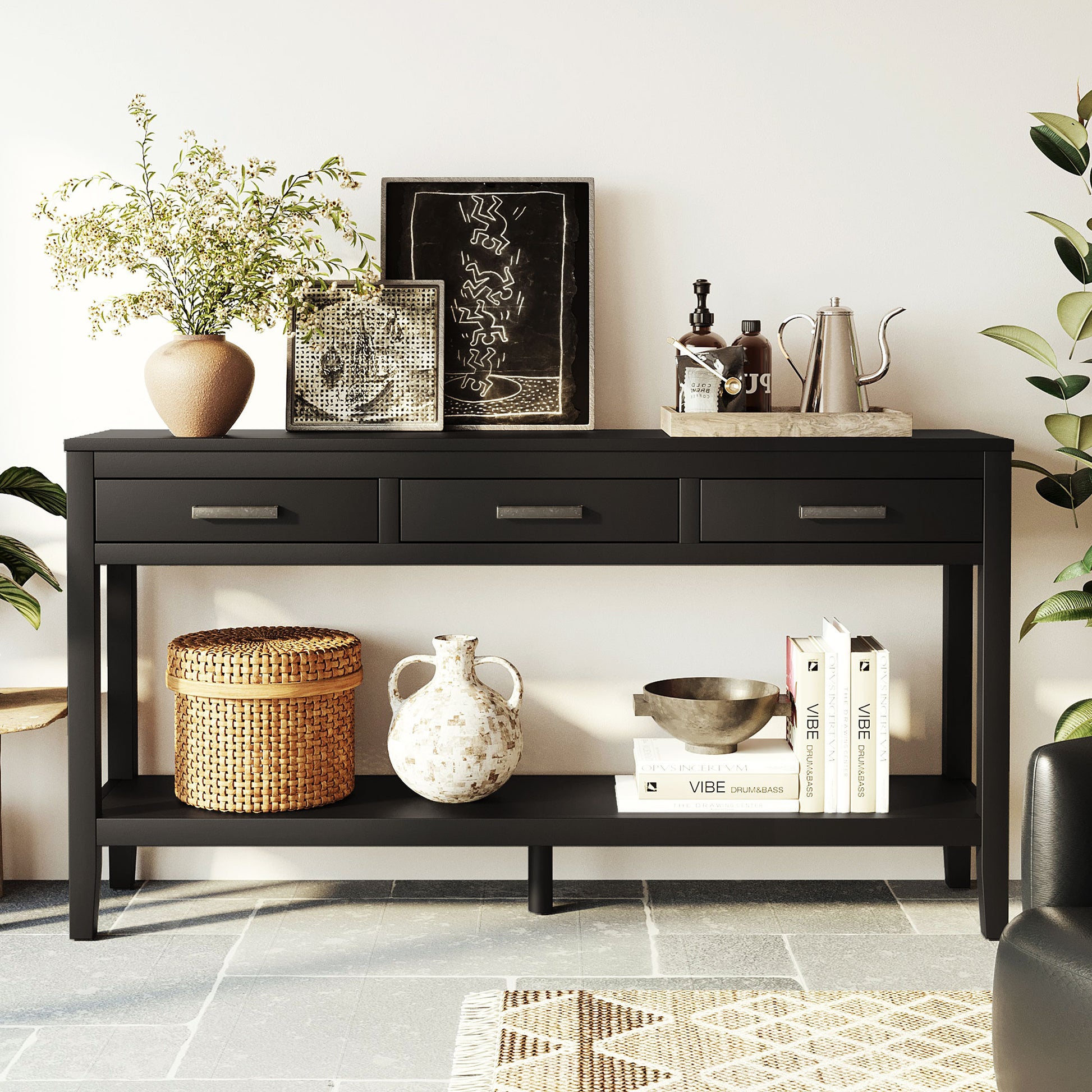 U_STYLE 59.1'' Farmhouse Entryway Table with 3 Drawers, Painted Console Table with Bottom Shelf & Iron Handles, Minimalist Sofa Table for Living Room, Hallway, Kitchen, Bedroom, Office image 2