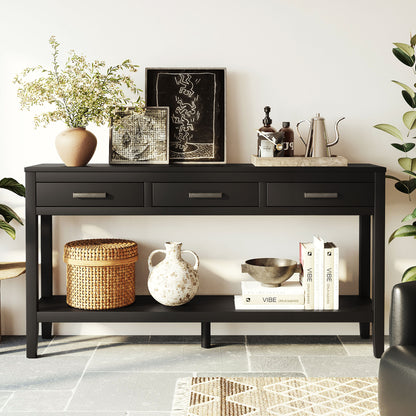 U_STYLE 59.1'' Farmhouse Entryway Table with 3 Drawers, Painted Console Table with Bottom Shelf & Iron Handles, Minimalist Sofa Table for Living Room, Hallway, Kitchen, Bedroom, Office image 2