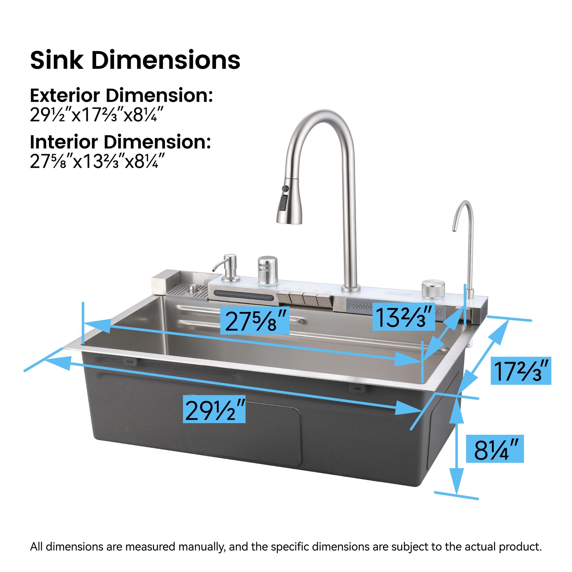 Pull-out Faucet Single Bowl Sink Kitchen Vegetable Sink 304 30"x18" Whale Waterfall Sink Stainless Steel Dish Sink wIth Dishwasher Accessories Household Vegetable Washing Basin, Dark Gray image 6