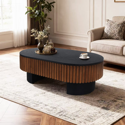 43.7" Oval Coffee Table With Hidden Storage, Fluted Modern Minimalist Wood Coffee Table for Living Room, Oval Center Table, Black + Walnut. image 6