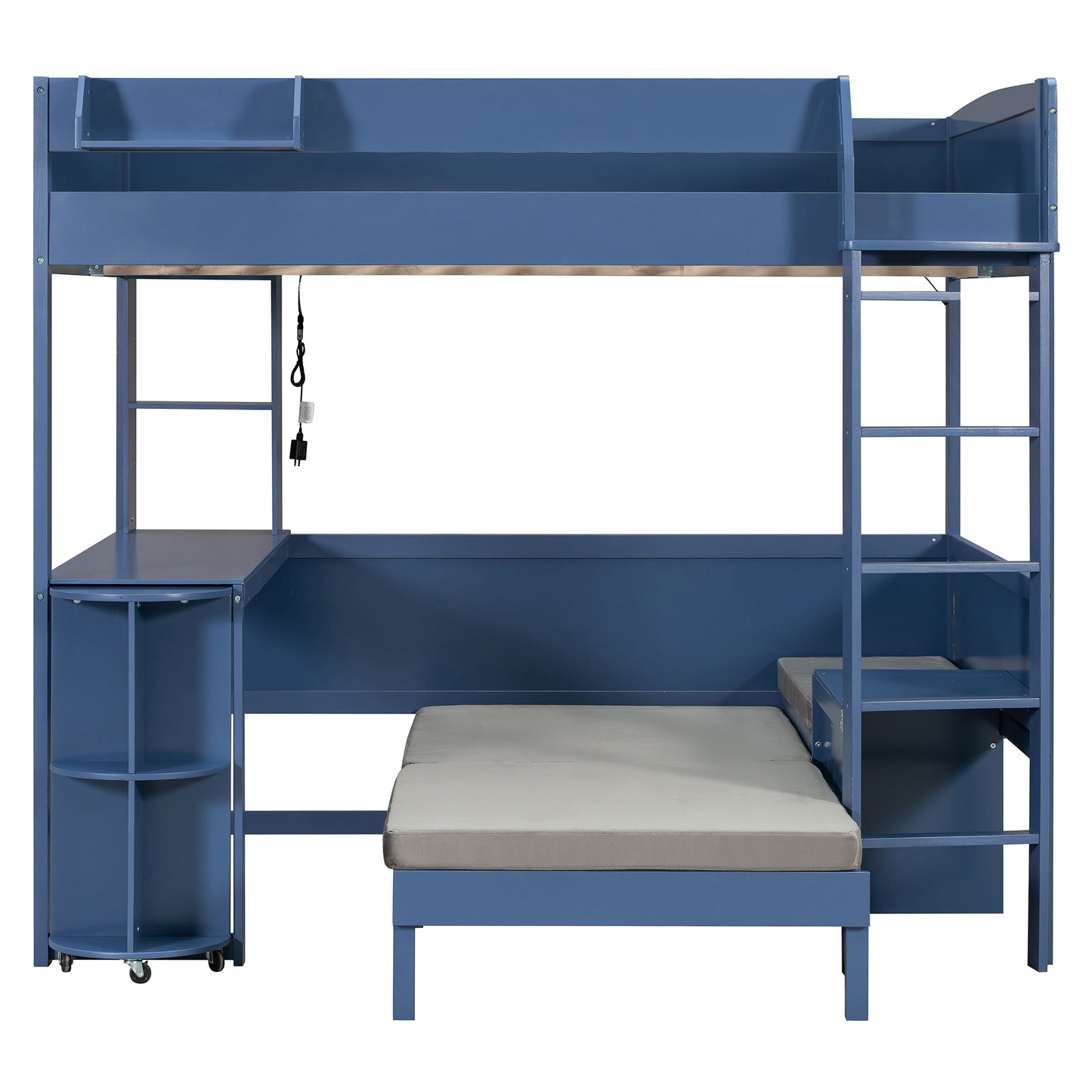 Full Size Wood Loft Bed with Desk, Bedside Storage Shelf, Sofa and Light, Navy Blue image 4