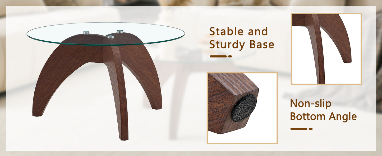 Creative claw-style triangular-leg round coffee table, approximately 27.5 inches in diameter, featuring a clear tempered glass top and walnut-colored MDF. Perfect as a living room coffee table,etc. image 10
