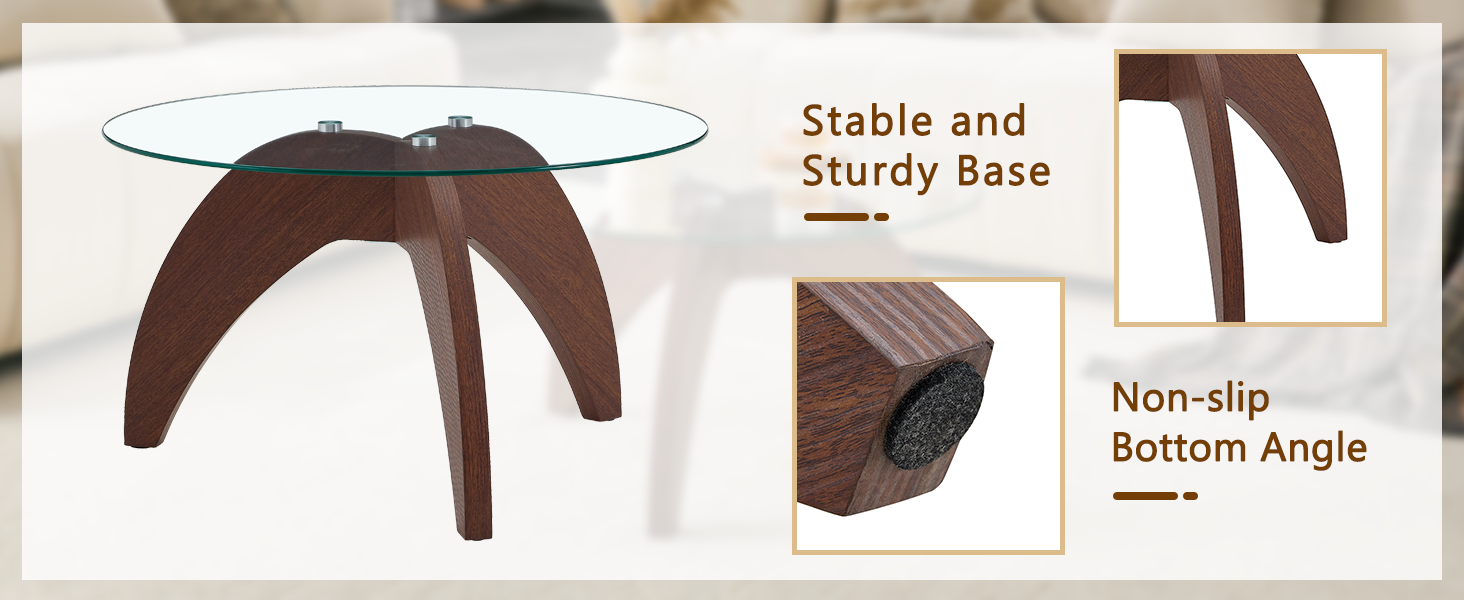 Creative claw-style triangular-leg round coffee table, approximately 27.5 inches in diameter, featuring a clear tempered glass top and walnut-colored MDF. Perfect as a living room coffee table,etc. image 10