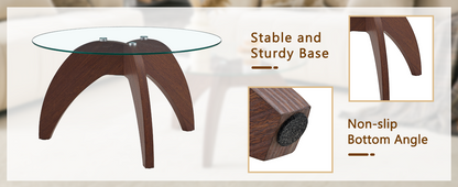 Creative claw-style triangular-leg round coffee table, approximately 27.5 inches in diameter, featuring a clear tempered glass top and walnut-colored MDF. Perfect as a living room coffee table,etc. image 10