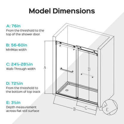 For 56-60 inches *76 inches Frameless Double Sliding Shower Door in Matte Black, 3/8 inches (10mm) Thick SGCC Tempered Glass Door, Reversible Installation, No Soft-Close image 11