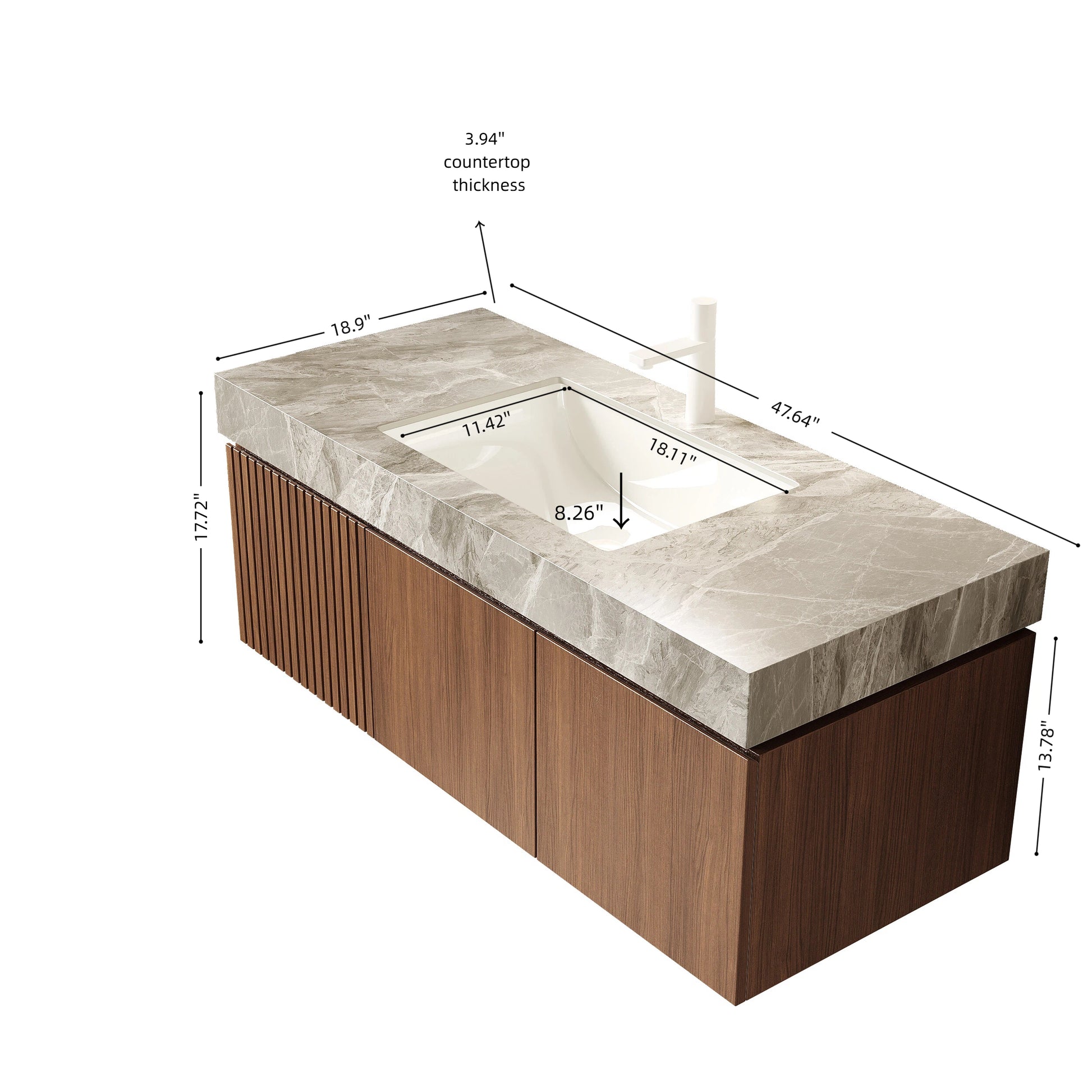 MURI 48" Bathroom Vanity&Sink, Floating Plywood Storage Cabinet with Drawer&Doors, Light Gray Sintered Stone Top&Ceramic Basin with 1 Pre-drilled Faucet Hole, Pre-assembled, Brown Oak Woodgrain Color image 5