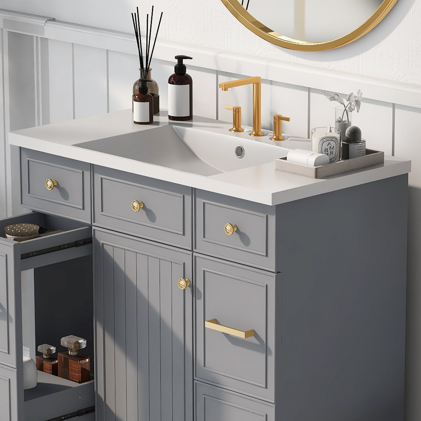 [Sink Only] 36x18" Rectangular 3 Hole Bathroom Resin Sink, Vanity Top Sink Only, Fits 4" Center Faucet, White (Faucet and cabinet not included) image 5