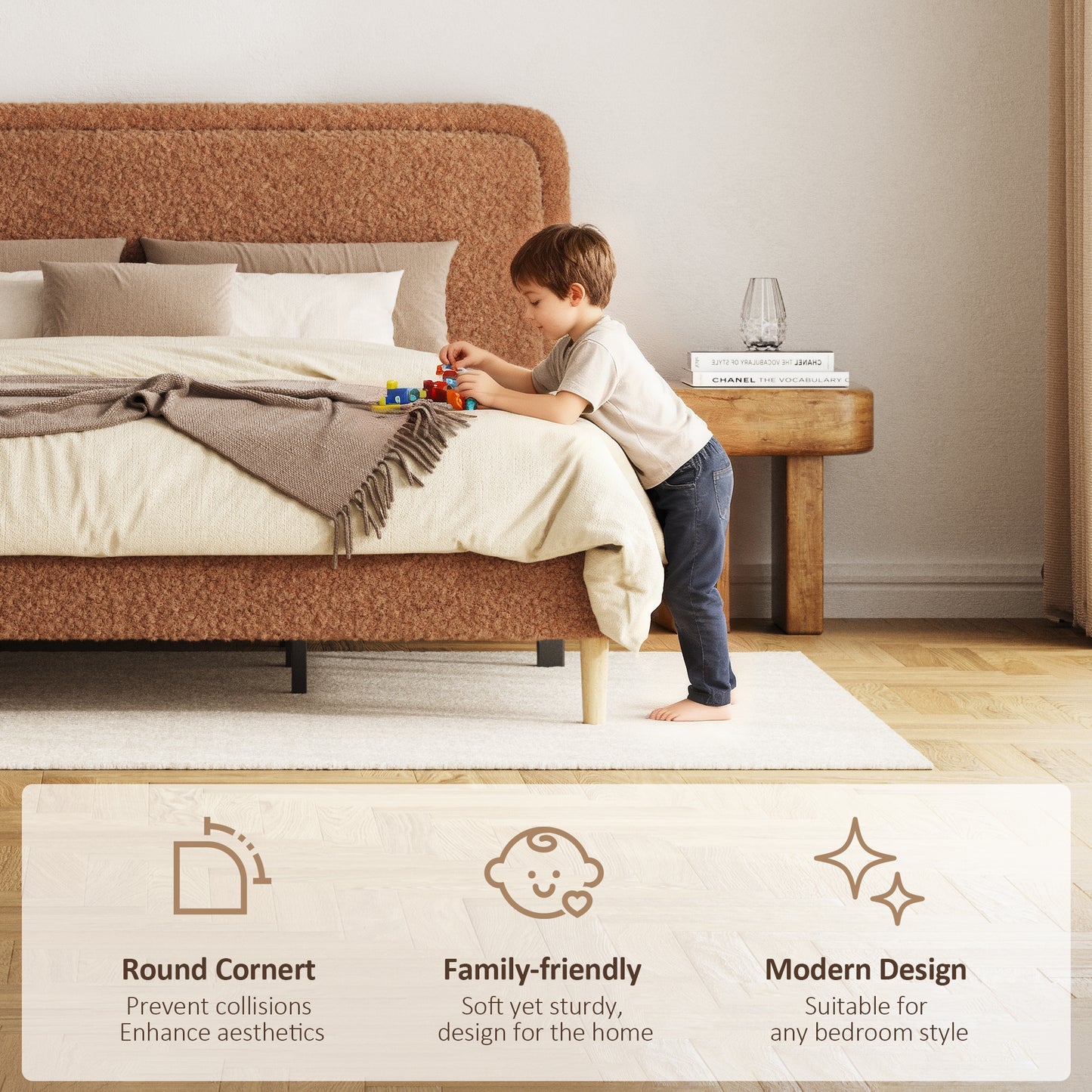 Queen Bed frame, Plush Upholstered Platform Bed with Height-Adjustable Headboard, Sturdy Frame and Alats, Quiet Design, No-Spring Mattress Compatible, Easy to Assemble, Brown image 4