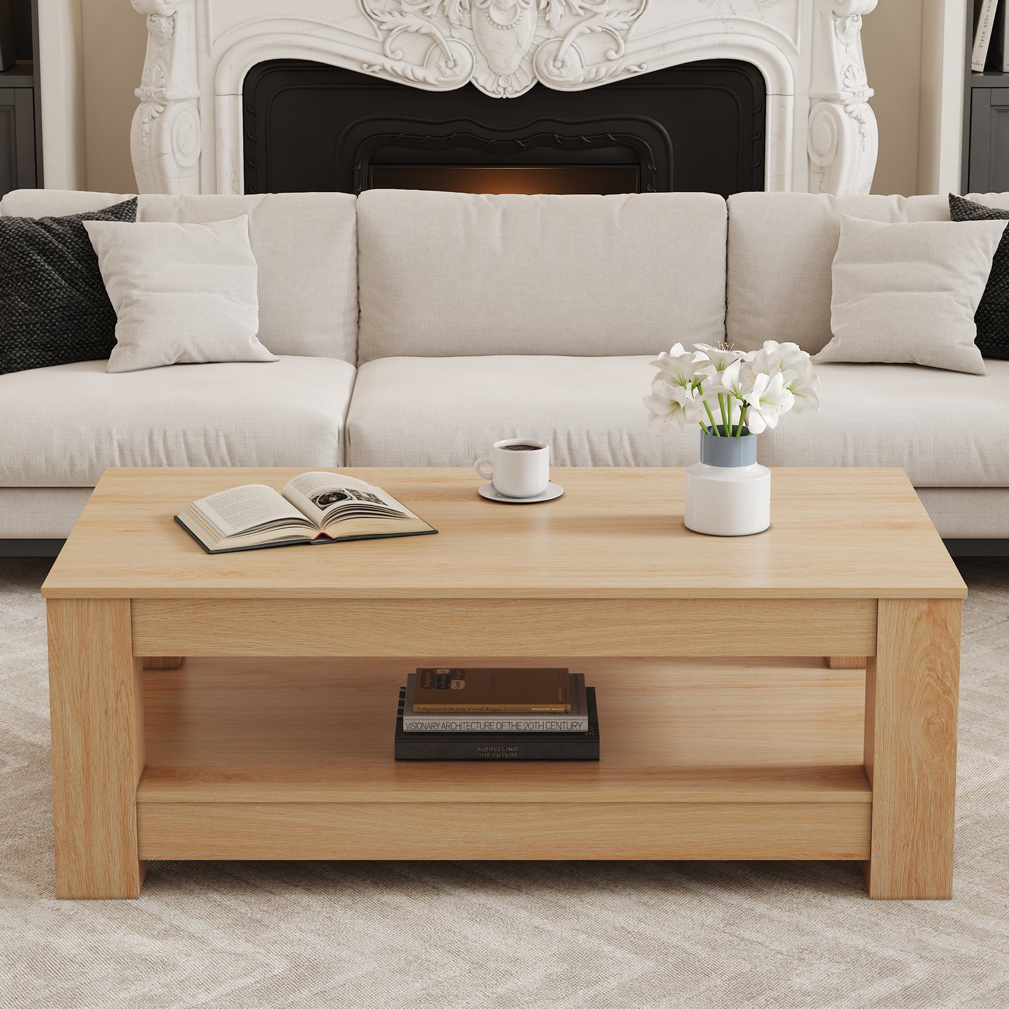A modern and practical Natural Wood coffee table. The double layered coffee table is made of MDF material. Suitable for living room, bedroom, and study image 3