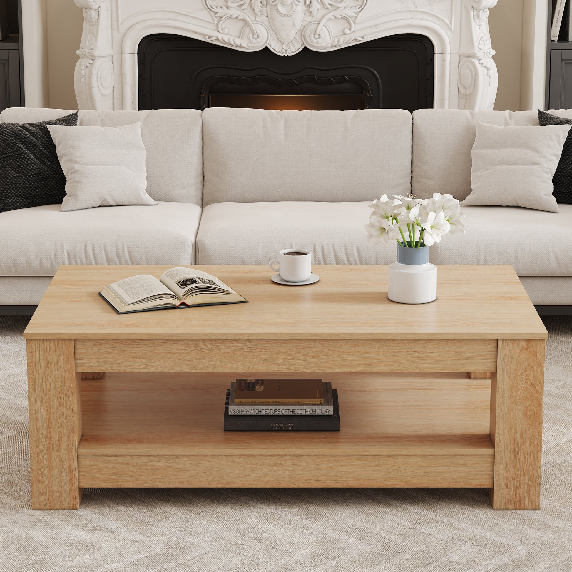 A modern and practical Natural Wood coffee table. The double layered coffee table is made of MDF material. Suitable for living room, bedroom, and study image 3