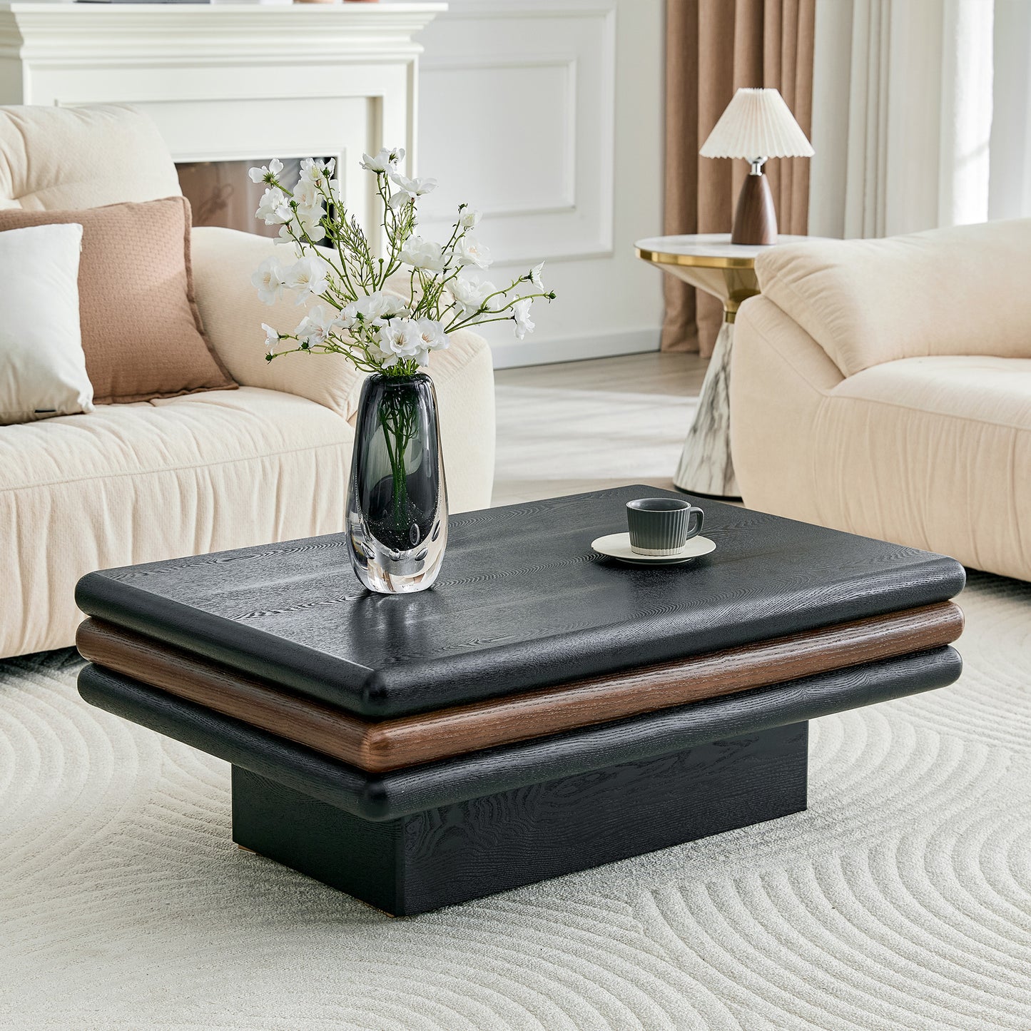 Modern 3-Tier Stacked Rectangular Coffee Table, MDF with Wood Veneer, Walnut & Black Accent Center Table for Living Room image 4