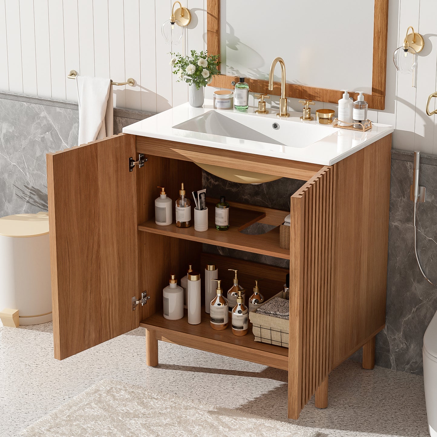 29.9-inch Traditional Bathroom Vanity with Ceramic Sink, Solid Wood Legs, MDF U-Shaped Adjustable Shelf, Soft-Close Doors, and Space-Saving Storage image 2