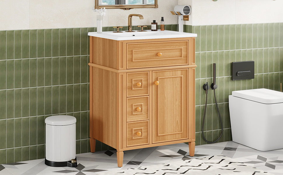 24" Bathroom Vanity with Sink, Wood Vanity Cabinet with Flip-Out Drawer, 2 Soft-Close Drawers, 1 Soft-Close Door, Solid Wood & MDF, Elegant Wood Handles image 7