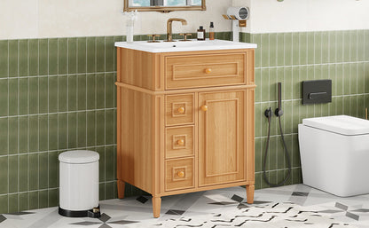 24" Bathroom Vanity with Sink, Wood Vanity Cabinet with Flip-Out Drawer, 2 Soft-Close Drawers, 1 Soft-Close Door, Solid Wood & MDF, Elegant Wood Handles image 7