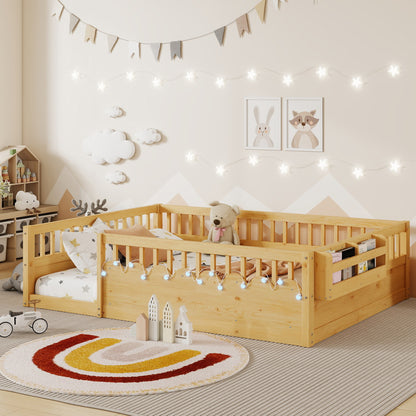 Full Montessori Floor Bed Frame with High Rails, Wood Kids Floor Beds with Light and Storage Shelf, Natural (Expect Arrival Date 2025/8/15) image 1