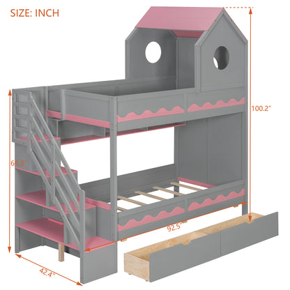 Twin Over Twin Bunk Bed with House-Shaped Roof and Storage Stairs, Wooden House Bed Frame with 2 Under-bed Drawers,Shelves,LED,Gray image 10