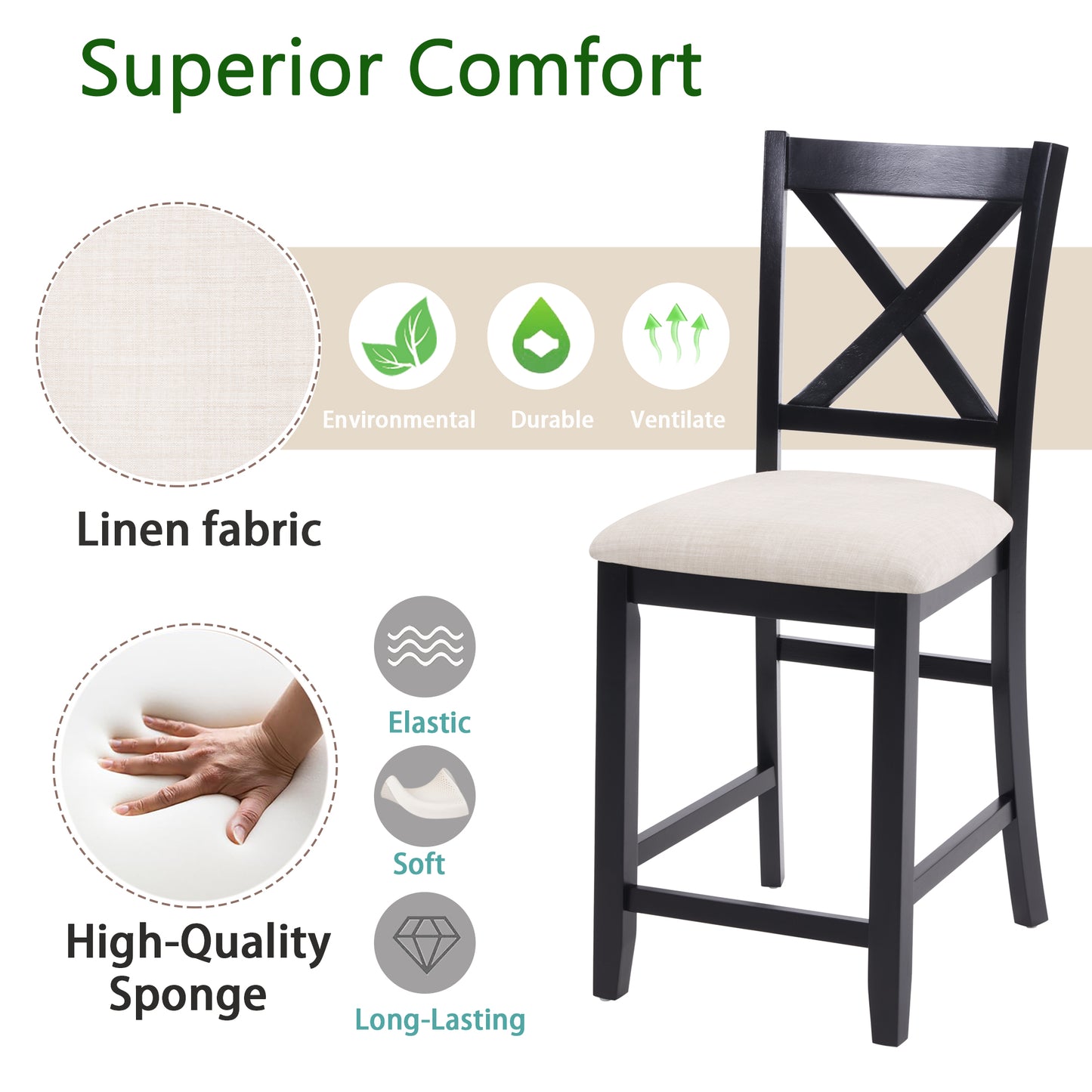 Dining Chairs Only, Wooden Counter Height Dining Chairs Set of 4, Kitchen Chair with Padded Seat, Upholstered Side Chair for Dining Room, Living Room, Kitchen, Black & Beige two tone image 6