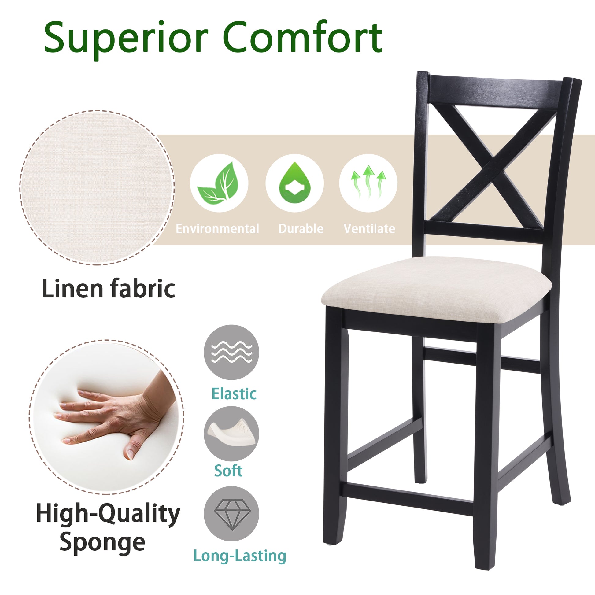 Dining Chairs Only, Wooden Counter Height Dining Chairs Set of 4, Kitchen Chair with Padded Seat, Upholstered Side Chair for Dining Room, Living Room, Kitchen, Black & Beige two tone image 6