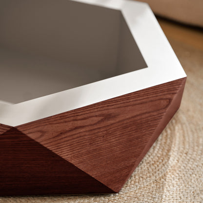 36.61'' Retro Style Polygon Flip Top Coffee Table, Flip-top hidden space, Solid Wood Veneered Drum Coffee Table with Storage for Living Room, Bedroom and Office, Reddish-brown, Brown image 8