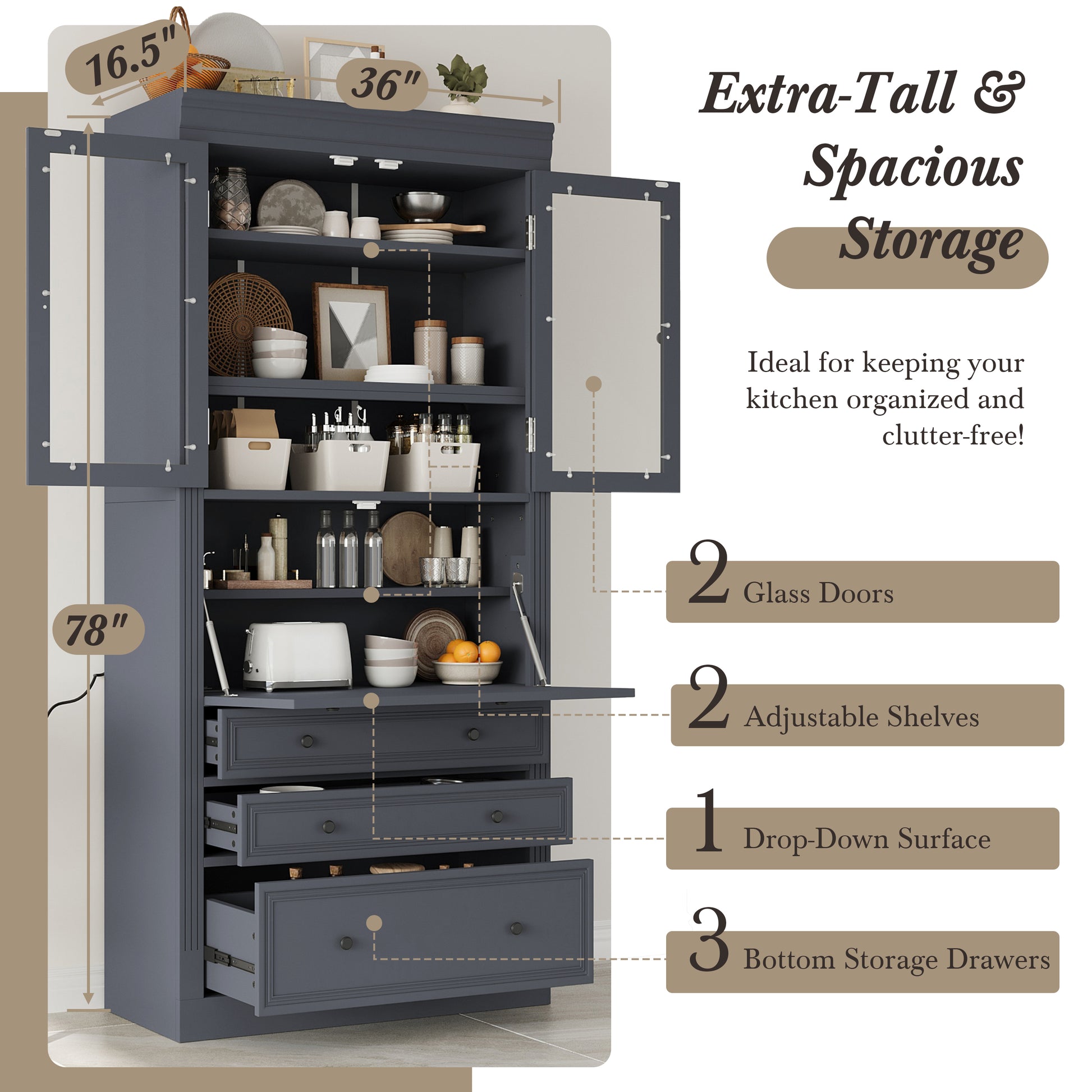 [Assembly Video Provided] TOPMAX 36x16.5x78inch Freestanding Kitchen Pantry Storage Cabinet,Multifunctional Cupboard with 3 Drawers,Adjustable Shelves and Power Outlet for Dining and Living Room,Grey image 10