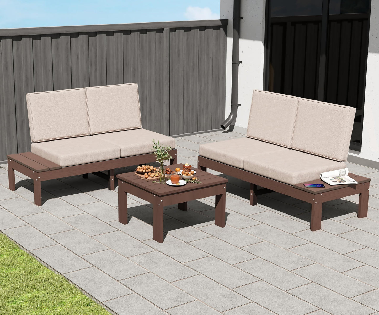 HDPE Outdoor Patio Sofa Set, 3-Piece Modern Conversation Set with Left & Right Arm Sofas, Cushioned Sectional Seating and Coffee Table for Backyard, Porch, Deck & Garden image 1