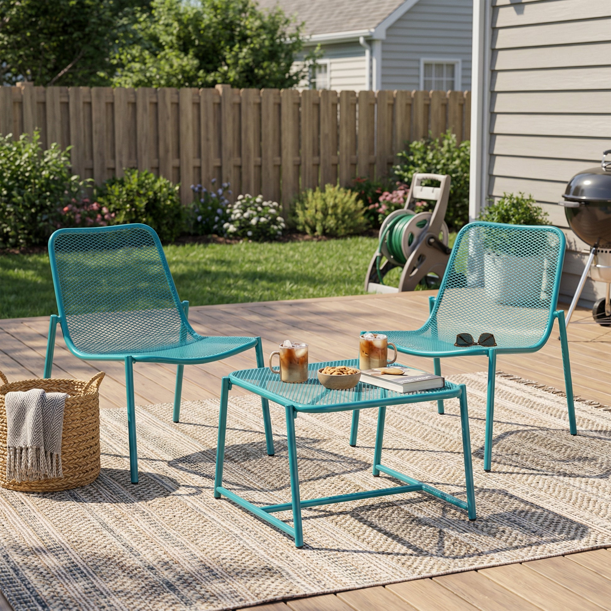 Kincaid Outdoor 3-Piece Conversation Set with IRON Frame - 2 Mesh Chairs & 1 Side Table, Matte Teal Finish image 3