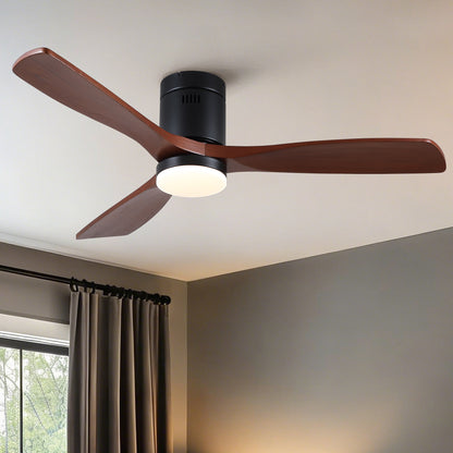 52 inch Mordern Matte Black Farmhouse Retro Solid Wood Low Profile Flush Mount Intergrated LED Ceiling Fan with Light image 2