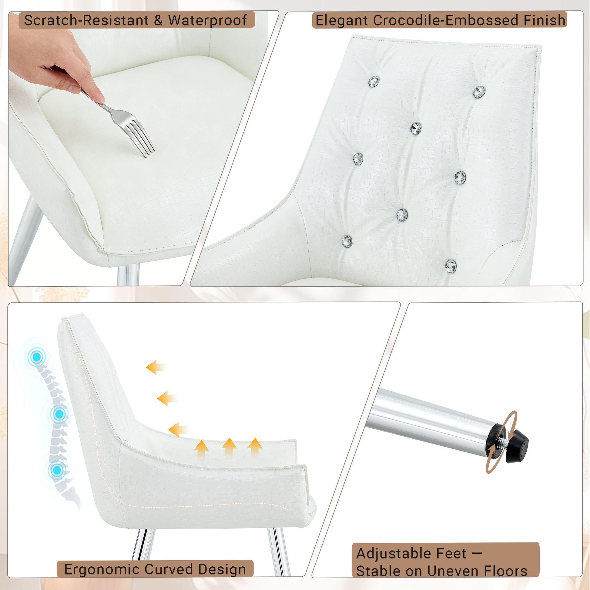 Crocodile Pattern Premium PU Leather Accent Chair, Diamond Decor Backrest, Chrome Silver Metal Legs & High-Resilience Sponge Cushion – Versatile for Office, Dining Room & Living Room (White, Set of 2) image 4