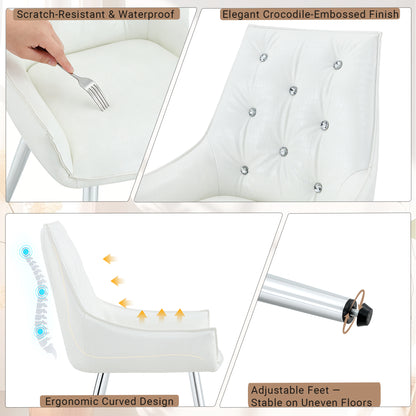 Crocodile Pattern Premium PU Leather Accent Chair, Diamond Decor Backrest, Chrome Silver Metal Legs & High-Resilience Sponge Cushion – Versatile for Office, Dining Room & Living Room (White, Set of 2) image 4