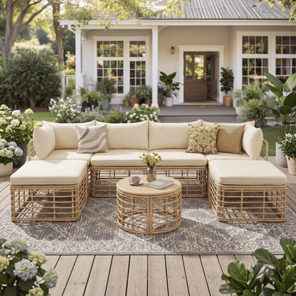 GO 7 Pieces Outdoor Patio Furniture, All-Weather Rattan Sectional Sofa Set with Thick Cushions and Pillows, Freely Combined Conversation Sets for Garden, Backyard, Balcony, Brown image 1