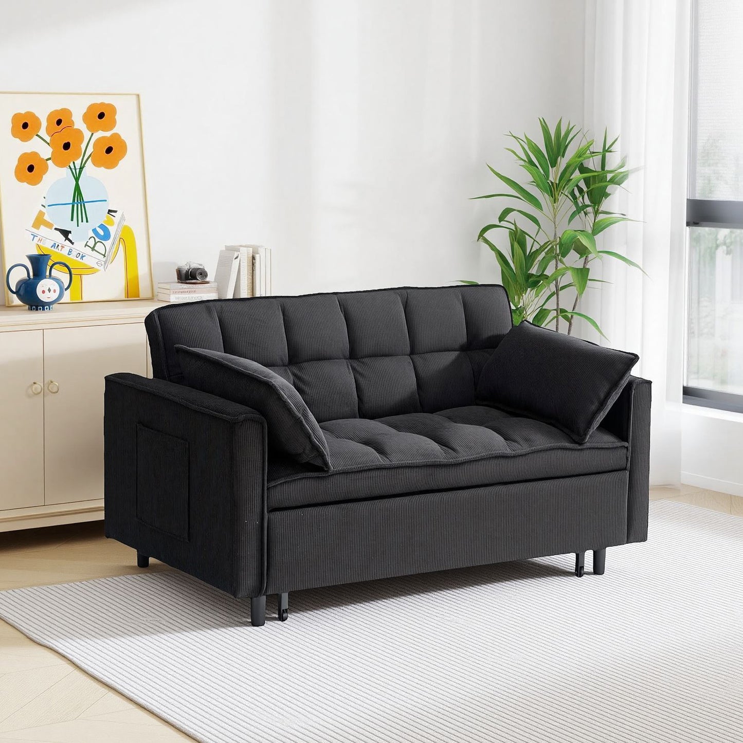 54.30" Corduroy Modular Sectional Sleeper Sofa, Loveseat with Pull Out Bed for Living Room Black Couch image 3
