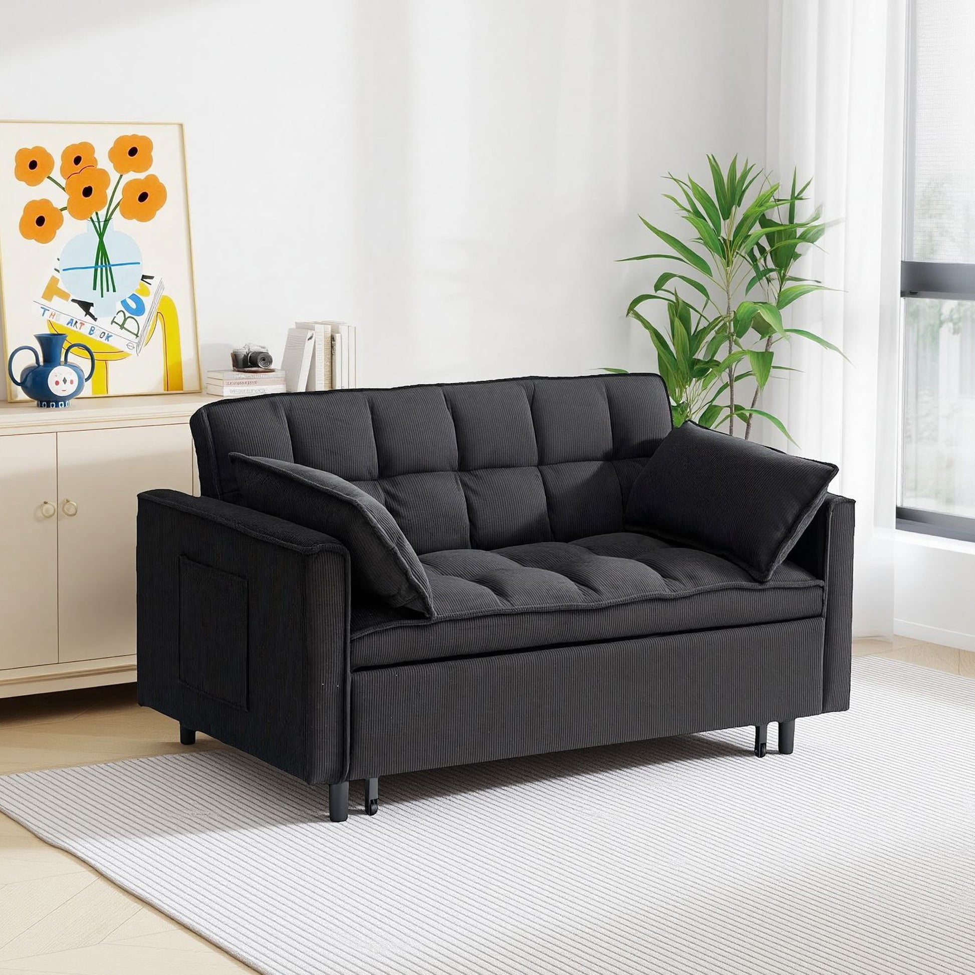 54.30" Corduroy Modular Sectional Sleeper Sofa, Loveseat with Pull Out Bed for Living Room Black Couch image 3