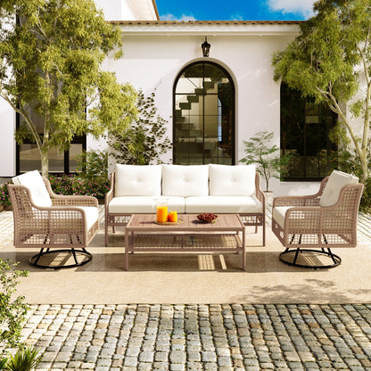 <Old SKU: N704G201247A> 4 Pieces Patio Furniture Set with Swivel Chairs, Outdoor Wicker Sofas for 5-person, Sectional Rattan Outdoor Conversation Set for Poolside Backyard Deck, Beige image 1