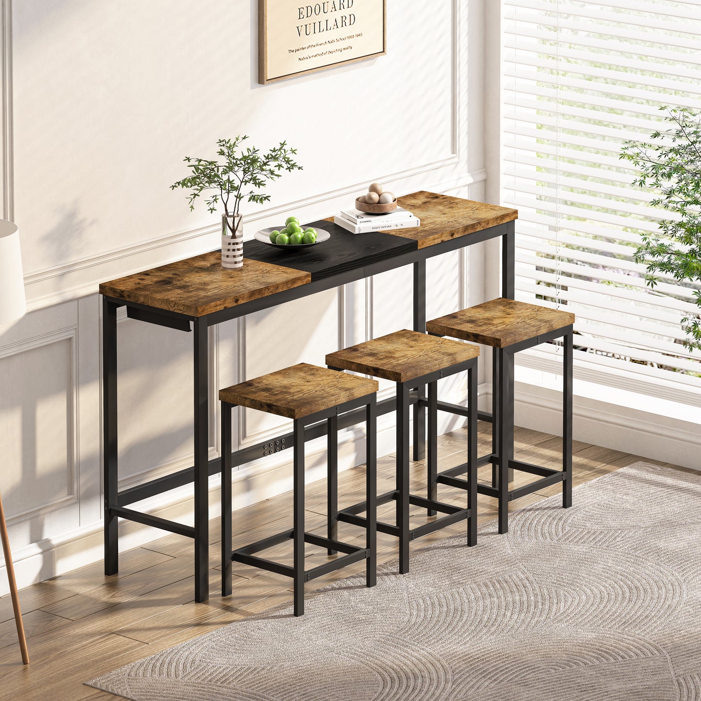 Modern Design Kitchen Dining Table, Pub Table, Long Dining Table Set with 3 Stools, Convenient Hanging Stool Design, Natural+Black,(Same SKU:W757P146463) image 2