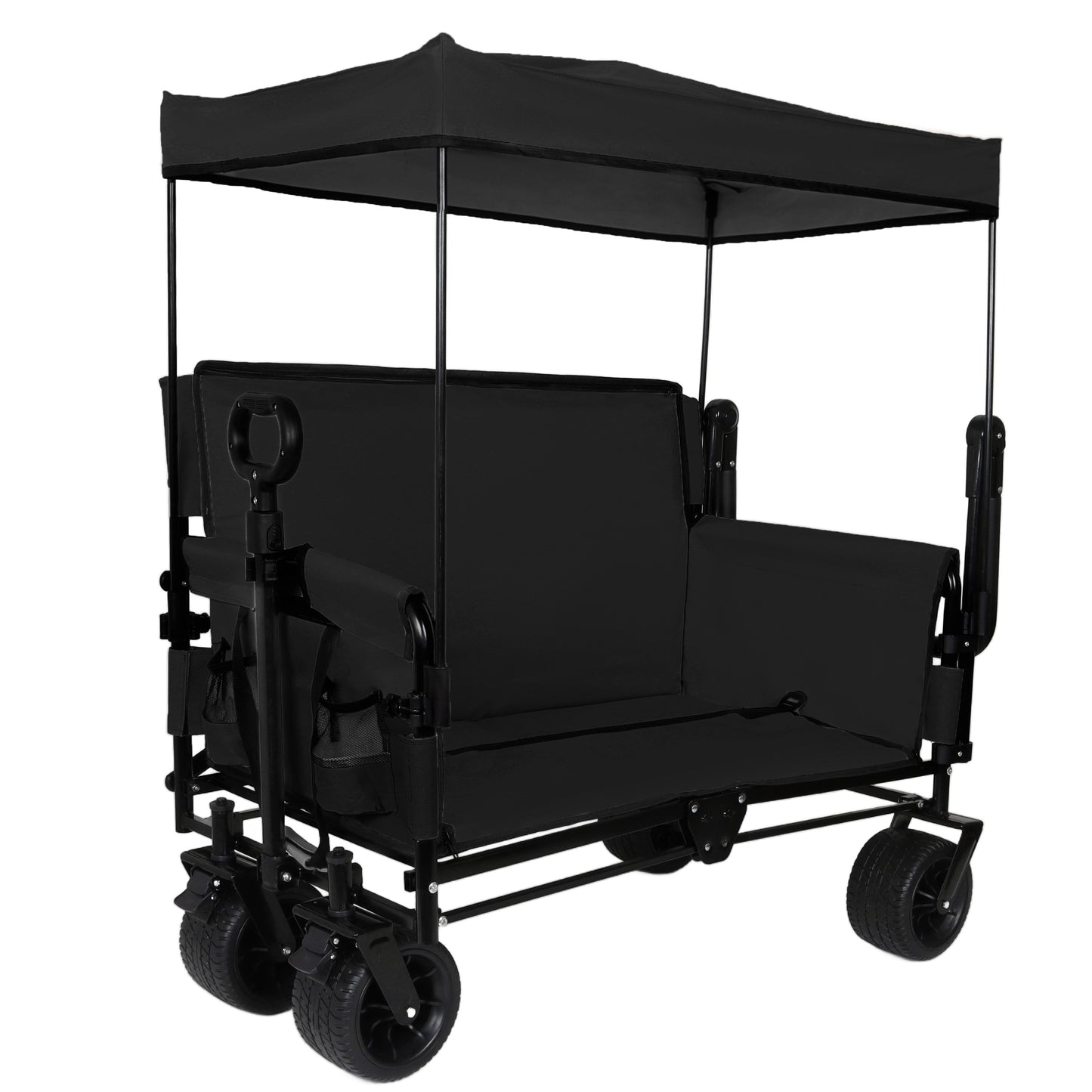 3-in-1 Folding Wagon Cart with Bench Seat & Canopy & Storage, 500lbs Heavy-Duty, 180L Capacity, All-Terrain Wagon for Camping, Beach, Sports, & Garden, Black image 9