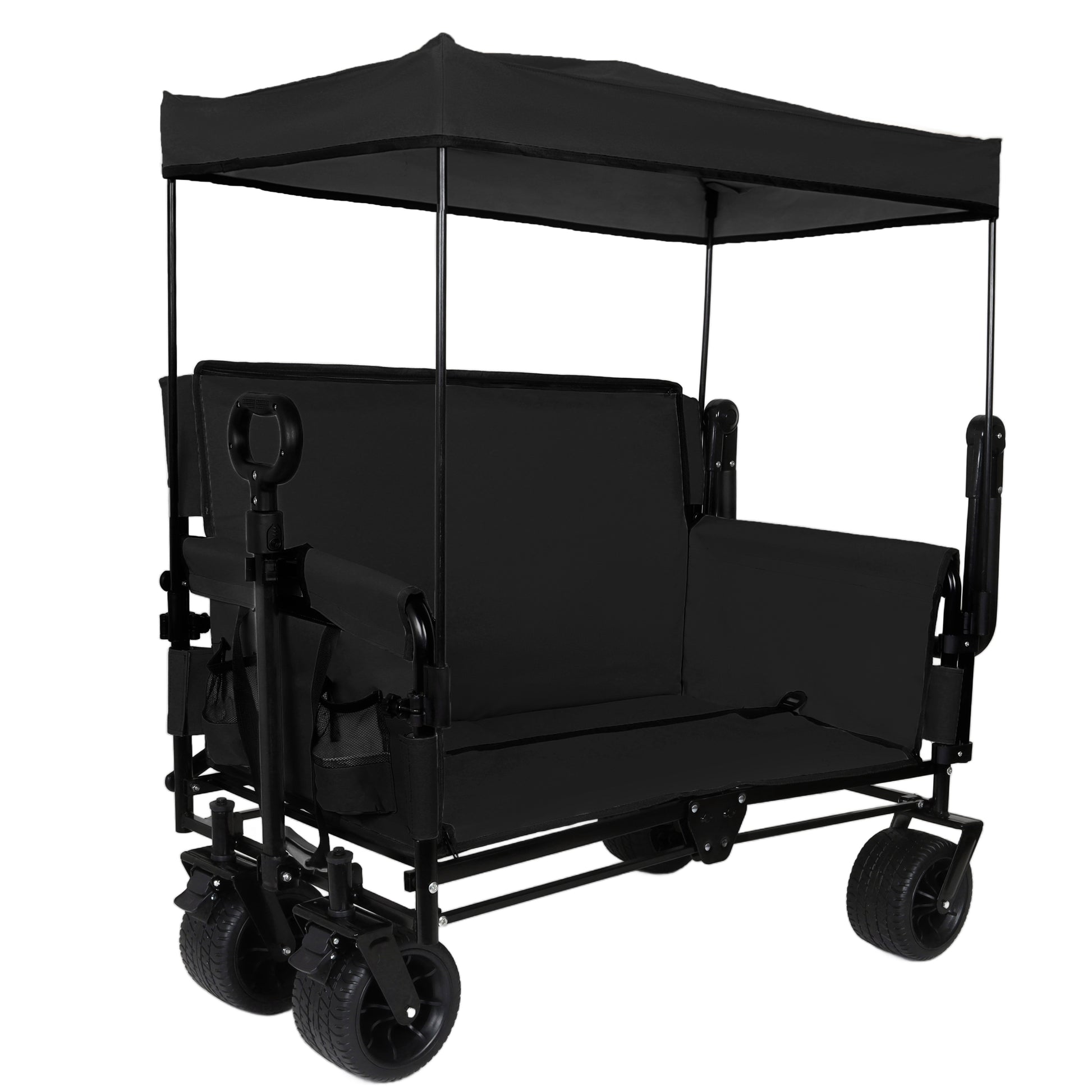3-in-1 Folding Wagon Cart with Bench Seat & Canopy & Storage, 500lbs Heavy-Duty, 180L Capacity, All-Terrain Wagon for Camping, Beach, Sports, & Garden, Black image 9
