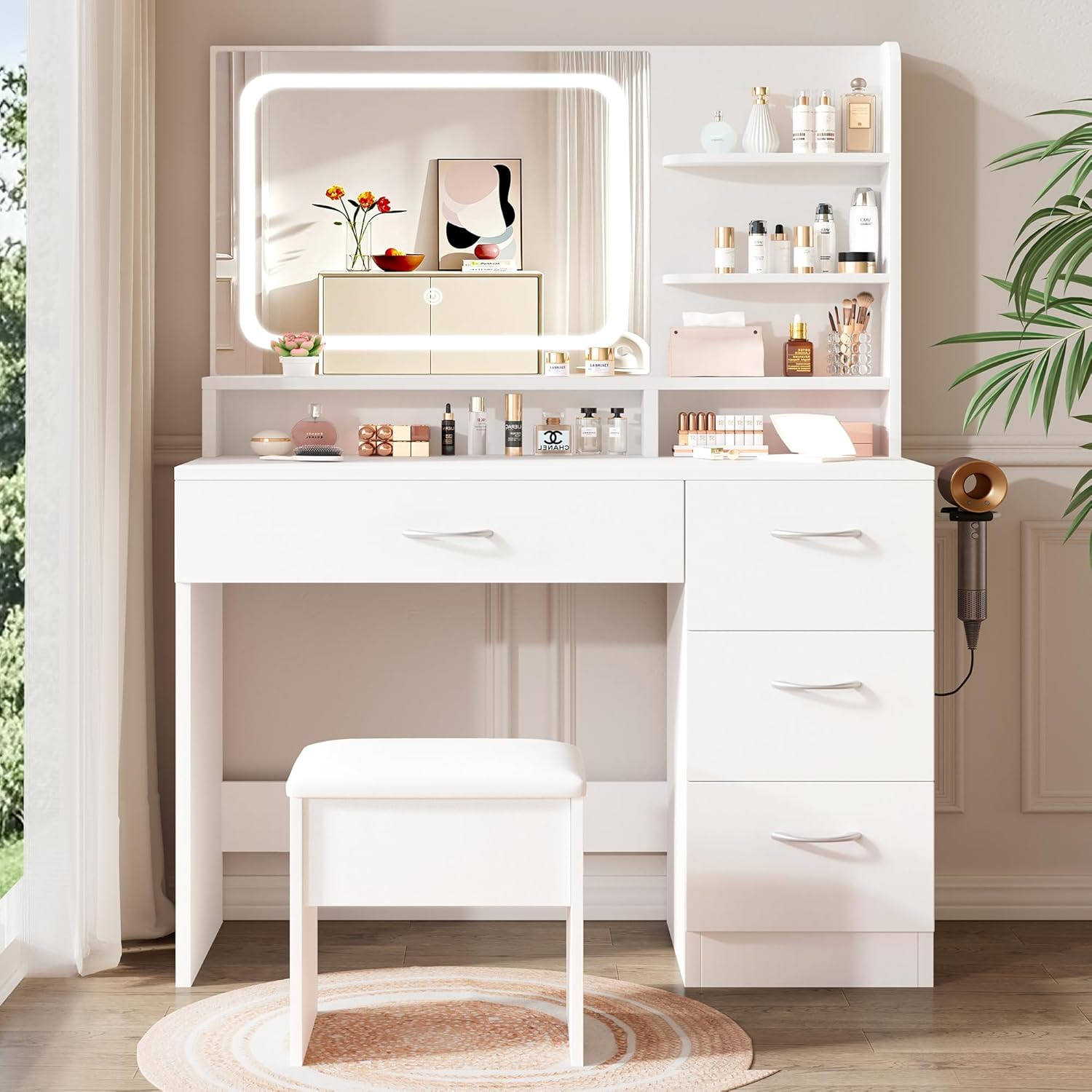 Elegant vanity includes lighted mirror and storage drawers; white makeup table for women; suitable for various settings including bedrooms, living rooms, and dorms image 8