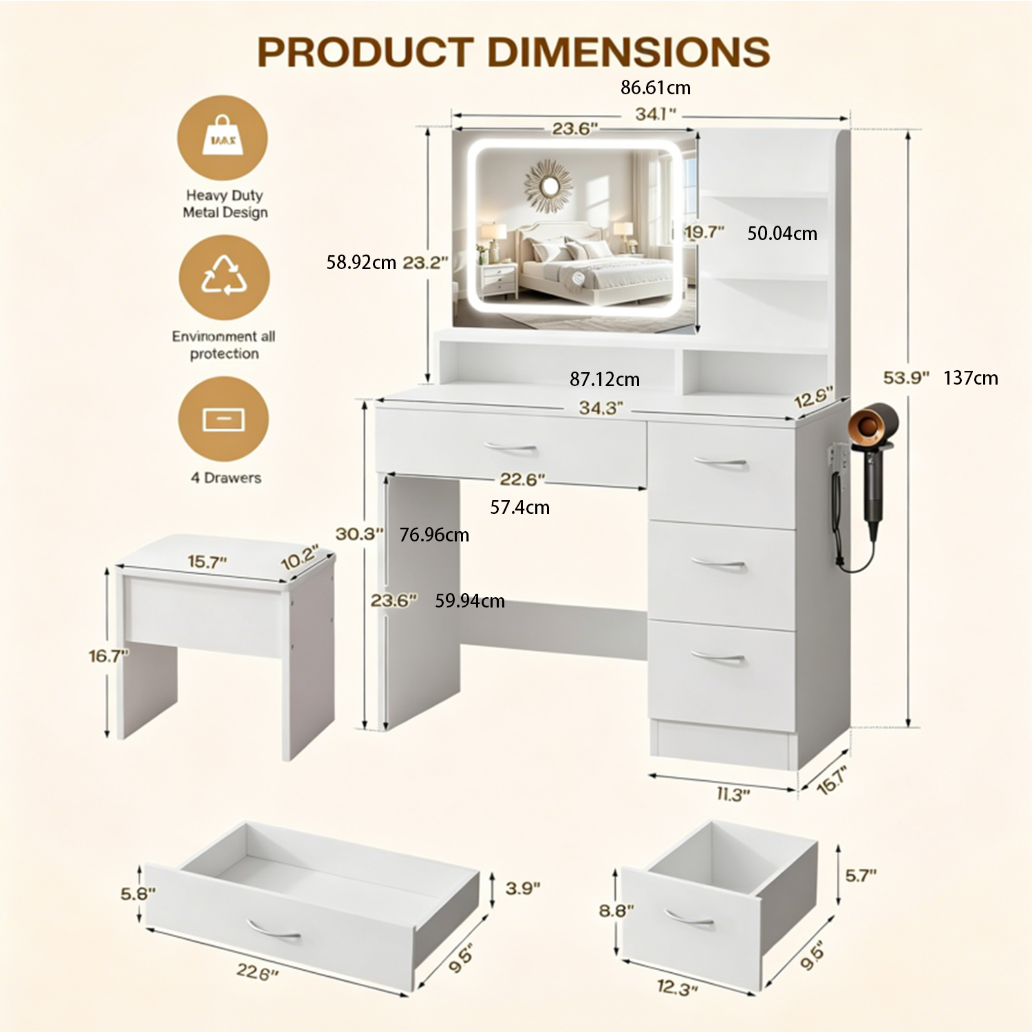Elegant vanity includes lighted mirror and storage drawers; white makeup table for women; suitable for various settings including bedrooms, living rooms, and dorms image 2