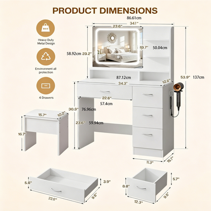 Elegant vanity includes lighted mirror and storage drawers; white makeup table for women; suitable for various settings including bedrooms, living rooms, and dorms image 2