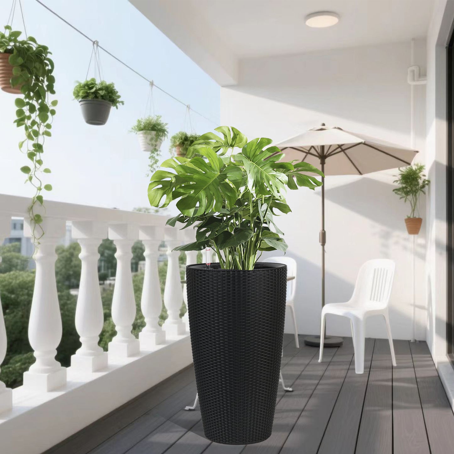 Set of 2 Faux Rattan Tall Planters Outdoor Indoor Large Planters with Water Level Monitor Inner Bucket, Automatic Watering, Flower Plant Pots for Garden, Patio, Porch, Backyard (Black, 22 inch) image 10