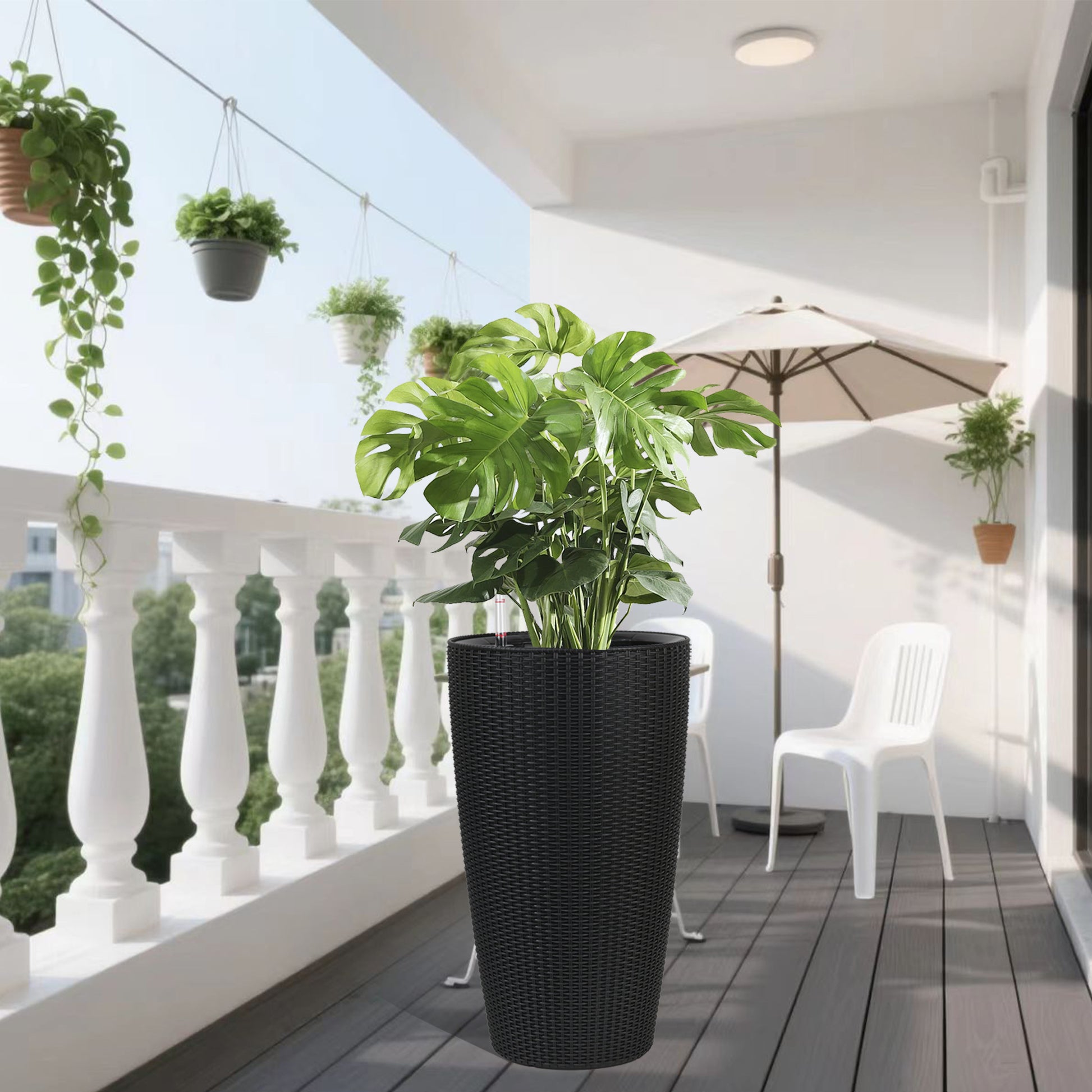 Set of 2 Faux Rattan Tall Planters Outdoor Indoor Large Planters with Water Level Monitor Inner Bucket, Automatic Watering, Flower Plant Pots for Garden, Patio, Porch, Backyard (Black, 22 inch) image 10