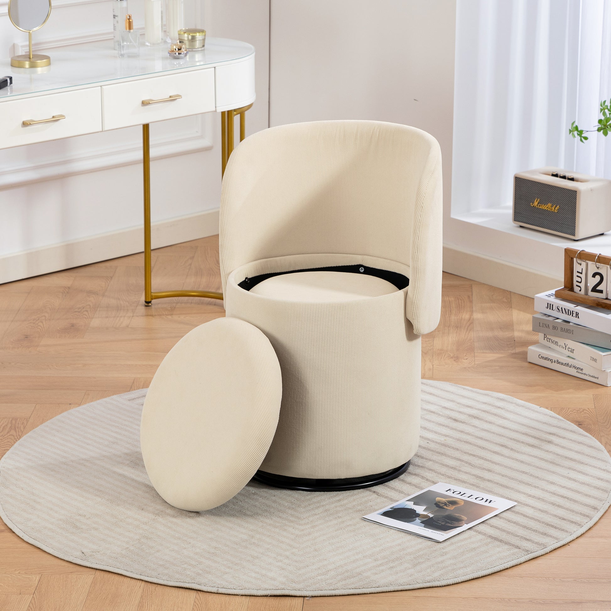 Decorative chair with storage, 360° rotating corduroy vanity & dining chair, soft padded seat, free cat bed stool included, beige, ideal for bedroom, dressing room and living room. image 11