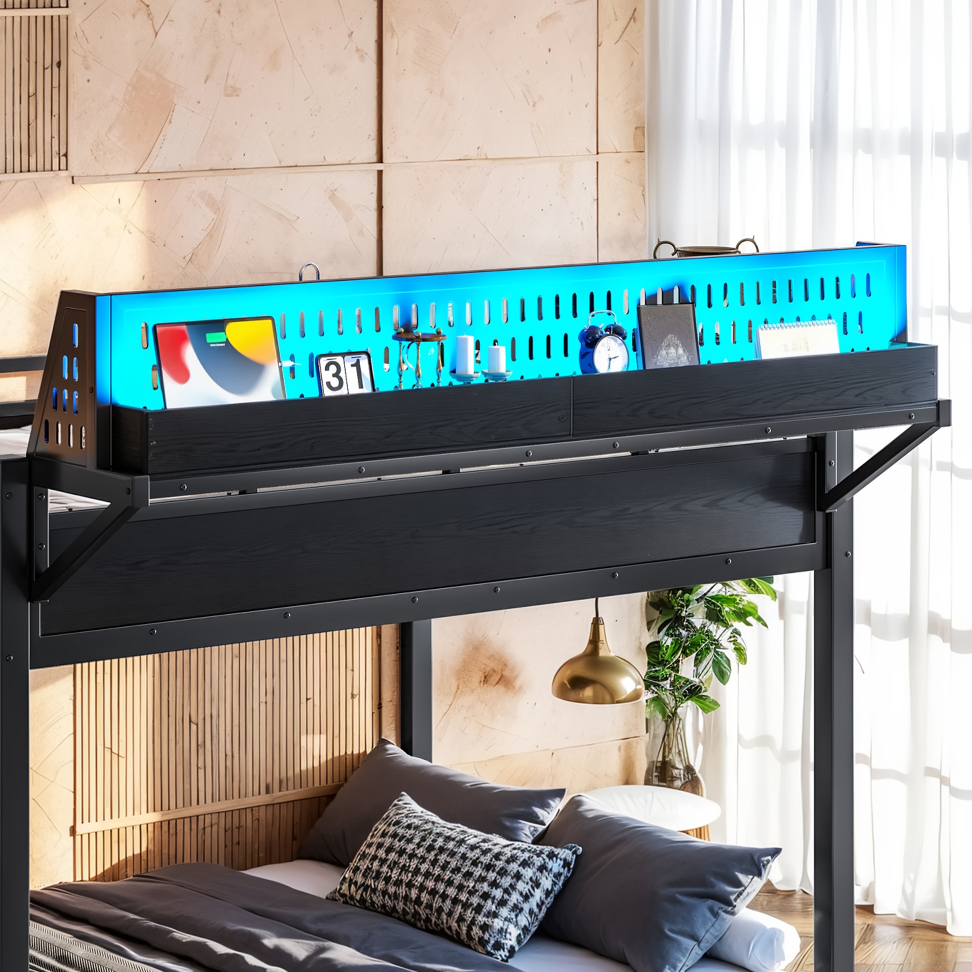 Full over Full Size Metal Bunk Bed with Storage Shelves and Pegboard, Bunk Bed Frame with USB Ports and LED Lights, Space-Saving, for Teens and Adults, Black image 6