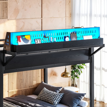 Full over Full Size Metal Bunk Bed with Storage Shelves and Pegboard, Bunk Bed Frame with USB Ports and LED Lights, Space-Saving, for Teens and Adults, Black image 6