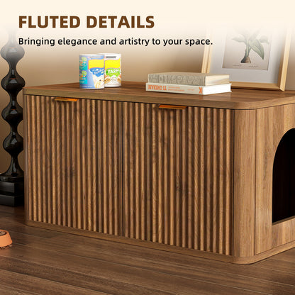 31.5" Walnut Cat Litter Box Enclosure Furniture, Large Decorative Hidden Litter Box Cabinet, Fluted Mid Century Modern Kitty End Table for Living Rooms, Bedrooms, Entryways (WALNUT) image 5