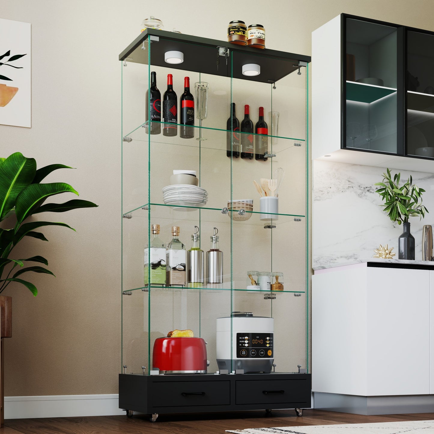 Modern Glass Display Cabinet with 2 Large Drawers, Quick-assembly Antique Cabinet with LED lights, Tempered Glass Bookshelf, 2-Door Storage Case with 4 Shelves for Living Room and Bedroom, black image 4