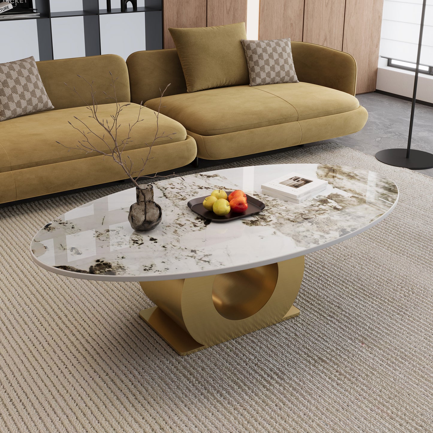 Modern 49.2" Oval Sintered Stone Coffee Table with Stainless Steel Base, Center Table for Living Room image 5