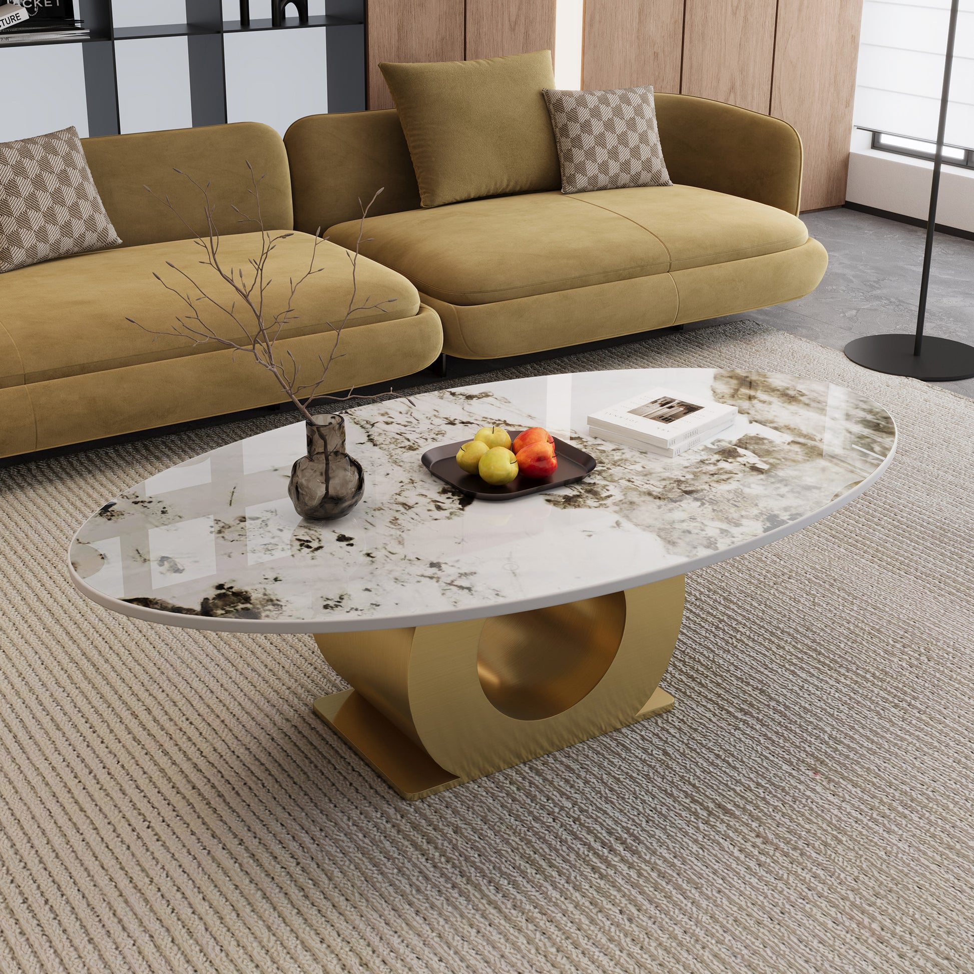 Modern 49.2" Oval Sintered Stone Coffee Table with Stainless Steel Base, Center Table for Living Room image 5