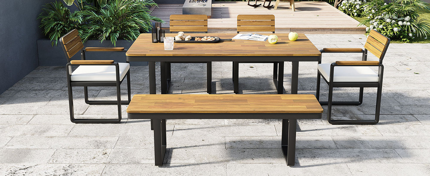 6-Piece Outdoor Dining Set, Acacia Wood, 1 Table with 4 Chairs & 1 Bench for 6-7 Person, Comfortable Cushions on Chairs, Adjustable Feet, for Patio, Garden, Backyard Dining, Beige Cushion image 10